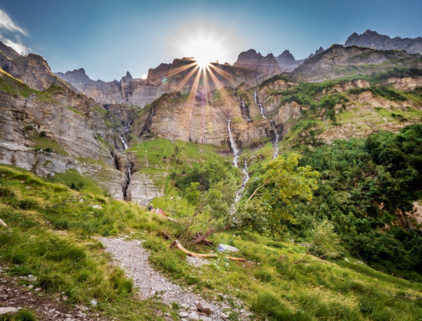 sixt-fer-à-cheval haute-savoie flare light nature mountain outdoors gravel dirt road road