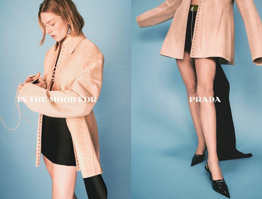 clothing apparel person human female coat overcoat woman suit footwear