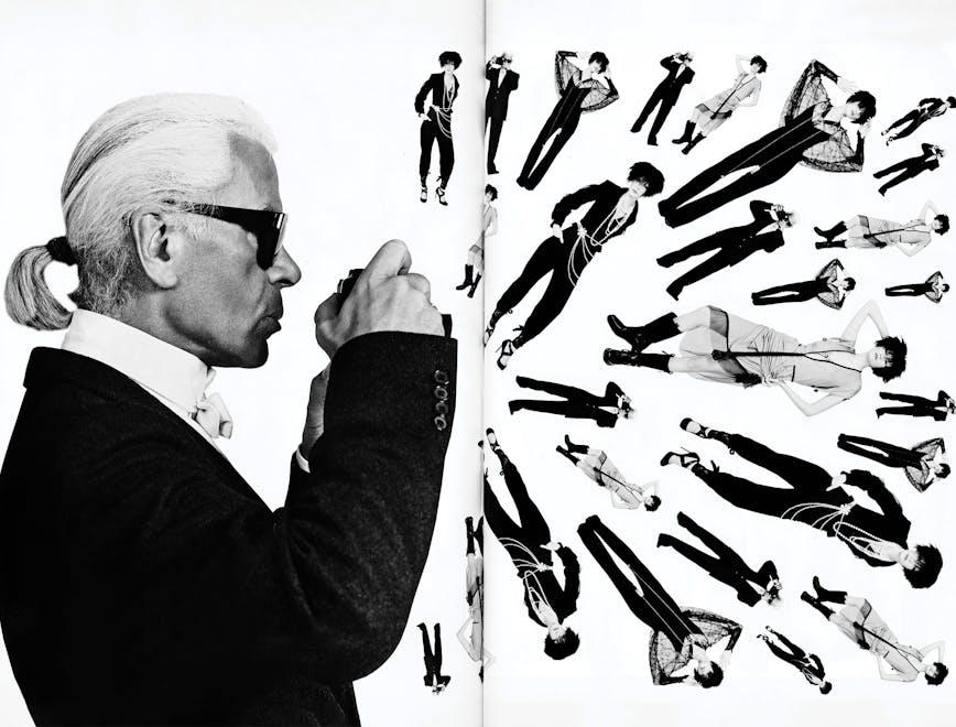 Karl Lagerfeld avec des mannequins portant ses créations pour Chanel, Fendi et Lagerfeld Gallery dans un numéro de L'OFFICIEL de 2001.