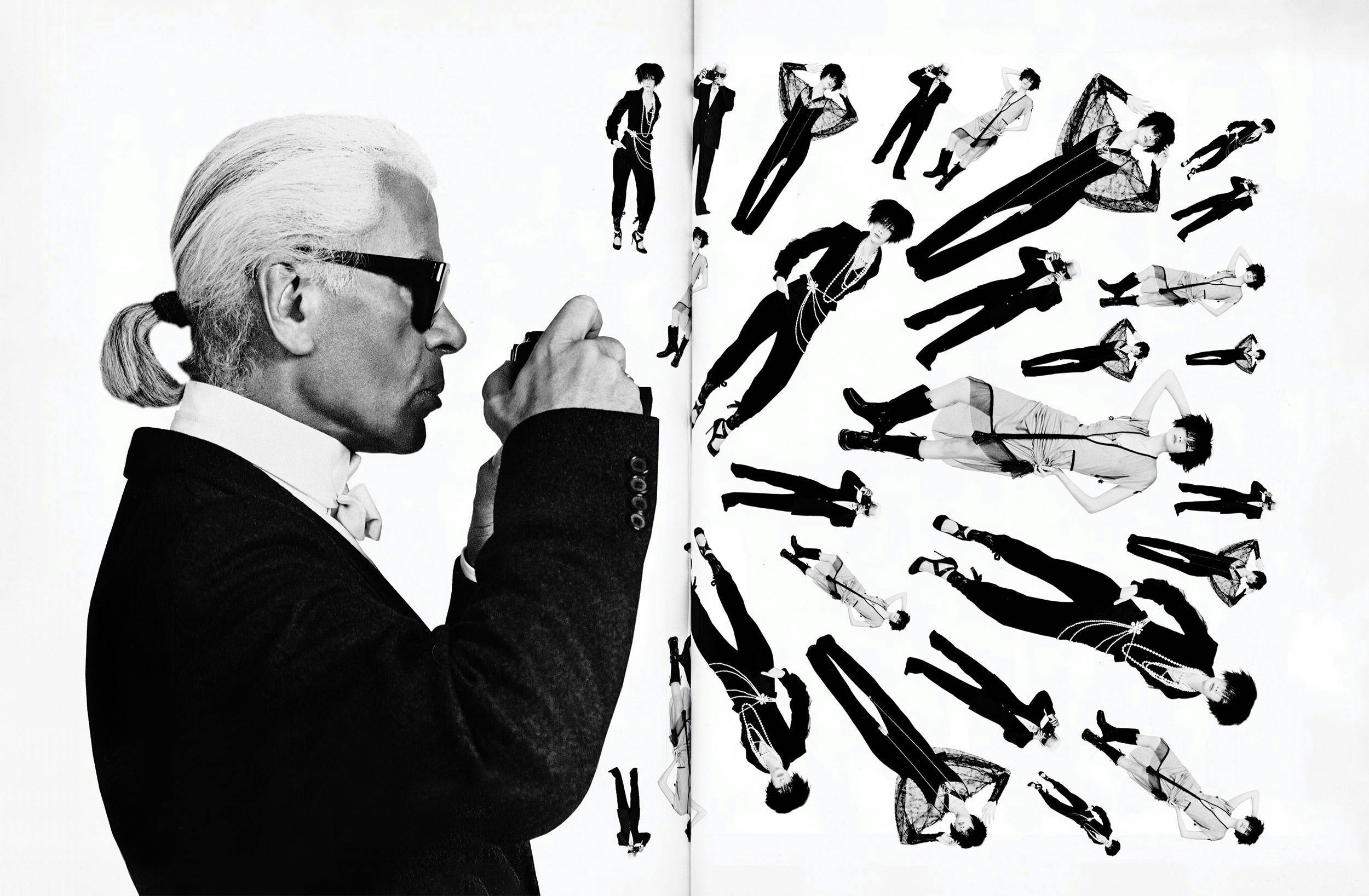 Karl Lagerfeld avec des mannequins portant ses créations pour Chanel, Fendi et Lagerfeld Gallery dans un numéro de L'OFFICIEL de 2001.