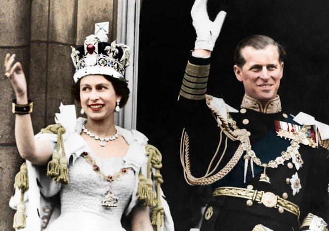 colorised couple happy marriage westminster crown colourised 1950s royal event london lady person adult bride female wedding woman accessories face jewelry