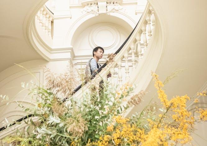 building house housing staircase handrail flower flower arrangement plant flower bouquet person